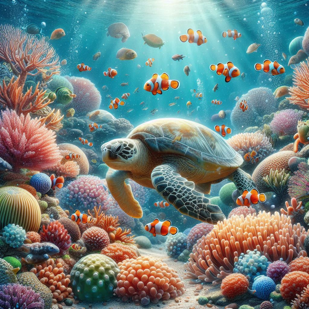 An underwater scene teeming with colorful coral, busy clownfish, and a gentle sea turtle